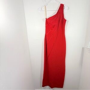 Cassandra Stone Red Y2K One Shoulder Bodycon Beaded Gown with Slit 8 Medium